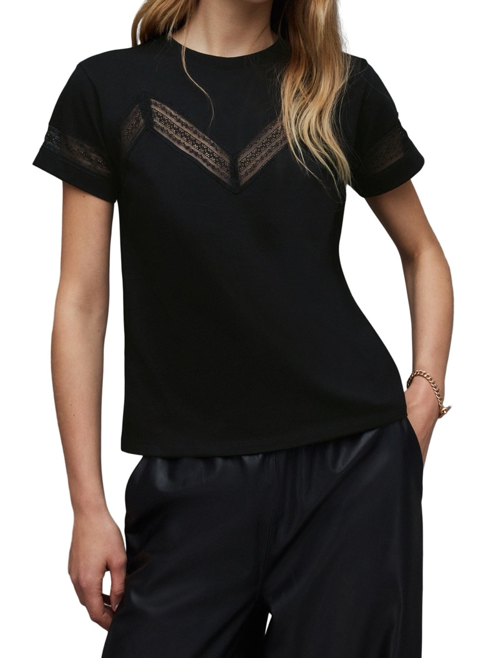 AllSaints Black Lace-Inset Short Sleeve Tee